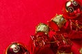 Christmas decorations on a red background. Holiday decorations. Red gift boxes. golden toy drums. Christmas concept. Royalty Free Stock Photo