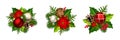 Christmas decorations with red and silver Christmas balls, fir branches, cones, poinsettia flowers, holly, and mistletoe Royalty Free Stock Photo