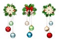 Christmas decorations with hanging Christmas balls, fir branches, bells, poinsettia, and pine cones. Vector illustration Royalty Free Stock Photo