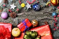 Christmas decorations on rough grey wooden texture background Royalty Free Stock Photo