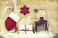 Christmas decorations on rustic wooden background Royalty Free Stock Photo