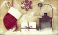 Christmas decorations on rustic wooden background Royalty Free Stock Photo