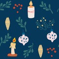 Christmas decorations seamless pattern. Candles, Christmas tree toys and twigs. Merry Christmas, Happy New Year background for Royalty Free Stock Photo