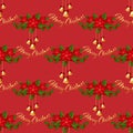 Christmas decorations seamless pattern with gold bells, holly and poinsettia Christmas flower. Royalty Free Stock Photo