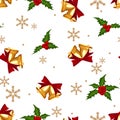 Christmas decorations seamless pattern with gold bells, ribbon and holly berries on white background.