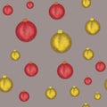 Christmas decorations seamless pattern on gray background. Watercolor golden and red Christmas balls. Print, packaging, wallpaper, Royalty Free Stock Photo