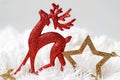 Christmas decorations. Shiny Christmas red deer and golden star on snow decorations Royalty Free Stock Photo