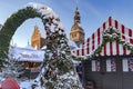 Christmas decorations and shopping rows with various souvenirs