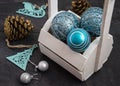 Christmas decorations in silver and blue colors Royalty Free Stock Photo