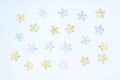 Christmas decorations,  silver snowflakes and gold snowflakes on white background Royalty Free Stock Photo