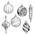 Christmas decorations in sketch style. Hand drawn ornaments. Glass balls and icicles. Seasonal winter collection. Vector illustrat Royalty Free Stock Photo