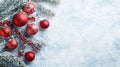 Christmas decorations on a snow covered branch with red balls, AI Royalty Free Stock Photo