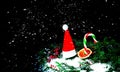 Christmas decorations on snow texture on black background with sparkles. Blurry effect. Copy space Royalty Free Stock Photo