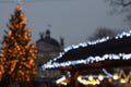 Blurred golden garland on Christmas tree, defocused background. Christmas abstract. Lviv Royalty Free Stock Photo