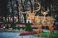 Christmas decorations in the streets of Helsinki, with evening light illumination, concept of Christmas in Finland, with deer made