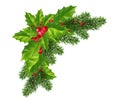 Christmas decorations: Christmas tree branches and holly with red berries. Festive composition. Isolated. Eps10 Vector