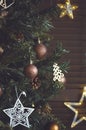 Christmas decorations on the tree, close-up. Beautiful vertical postcard Royalty Free Stock Photo