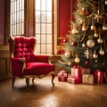 Christmas decorations tree red  cosy comfy chair Royalty Free Stock Photo