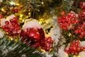 Christmas decorations on the Christmas tree in red and gold colors strewn with lights, close-up. Royalty Free Stock Photo