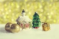 Christmas decorations and toys on golden bokeh defokused background Royalty Free Stock Photo