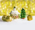 Christmas vintage decorations, house toy, christmas tree, balls, gift, Royalty Free Stock Photo