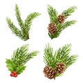 Christmas decorations watercolor style. Holly berry, fir, branch, pine cone, spruce, isolated on white background