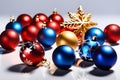 Christmas decorations on white background..Blue and red balls and ribbons. Elegant Christmas background