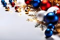 Christmas decorations on white background..Blue and red balls and ribbons. Elegant Christmas background