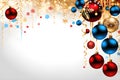 Christmas decorations on white background. Blue, red and golden balls and ribbons. Elegant Christmas background