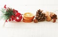 Christmas decorations on white table Royalty Free Stock Photo