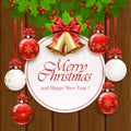 Christmas decorations on wooden background with card Royalty Free Stock Photo