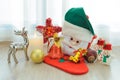 Christmas decorations on wooden floor Royalty Free Stock Photo