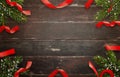 Christmas decorations on wooden table. Top view of table with christmas tree and decorative strips Royalty Free Stock Photo