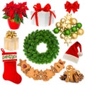 Christmas decorations wreath, hat, red sock, gift box, baubles, Royalty Free Stock Photo