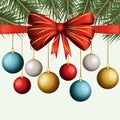 Christmas decorative backdrop of colorful garlands pendant of pine branches and decorative ribbon on white background