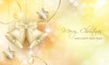 Christmas decorative background. Golden bells, ribbons, snow, snowflakes and stars.