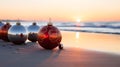 christmas decorative balls on the beach, sunset time, generative ai Royalty Free Stock Photo
