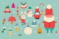 Christmas decorative banner with funny Santa Claus, penguin, gift boxes and many others. Big Christmas collection in Scandinavian