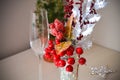 Christmas decorative composition of red berries in the snow with imitation of ice crystals. Glass