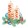 Christmas decorative composition. Three burning wax candles decorated with spruce branch and ribbon. Vector illustration isolated