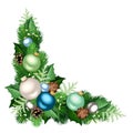 Christmas decorative corner background with fir branches, Christmas balls, cones, holly, and mistletoe. Vector illustration Royalty Free Stock Photo