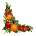 Christmas decorative corner with balls, holly, poinsettia, cones and oranges. Vector illustration.