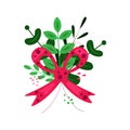 Christmas decorative element. Wreath icon. Green leaves with red bow Royalty Free Stock Photo