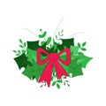 Christmas decorative element. Wreath icon. Green leaves with red bow Royalty Free Stock Photo