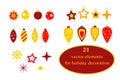 Christmas decorative elements collection. Set of 21 elements. Vector flat holiday stickers design in red and yellow colors. Royalty Free Stock Photo