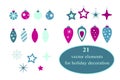 Christmas decorative elements collection. Set of 21 elements. Vector flat holiday stickers design in pink and blue colors. Royalty Free Stock Photo