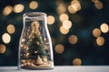 Christmas decorative lights and trees in a glass jar, bauble. New year\'s evening. Christmas gift.