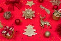 New Year and Christmas banner. Decorative Christmas toys, snowflakes, deer, balls and gift boxes on a red background Royalty Free Stock Photo