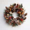 Christmas decorative wreath of holly, ivy, mistletoe, cedar and leyland leaf sprigs with pine cones over white background. Royalty Free Stock Photo