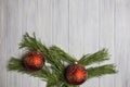 Christmas decored branches on wood background Royalty Free Stock Photo